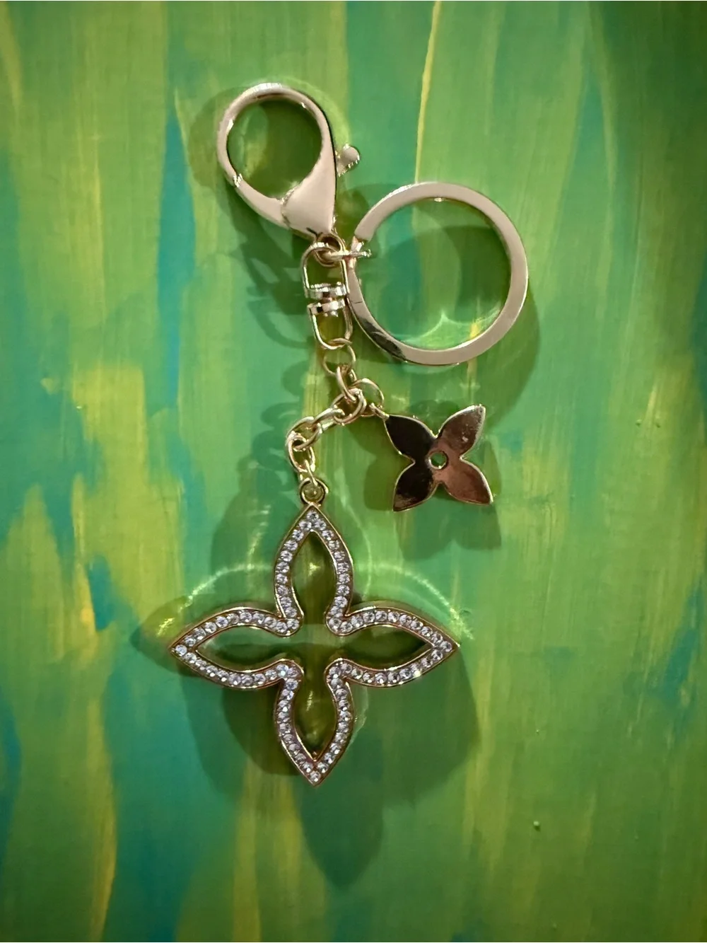 Gold Rhinestone and Enamel Floral Keychain Bag Charm